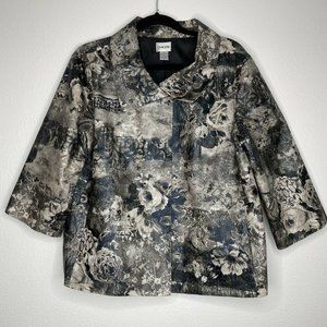 Chicos Jacket Black and White Floral Rain Coat Size 2